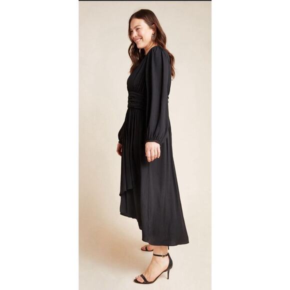 Anthropologie Gwendolyn Deep V-Neck Long Puff Sleeve Black‎ Midi Dress Sz 2 NWOT - Picture 2 of 12